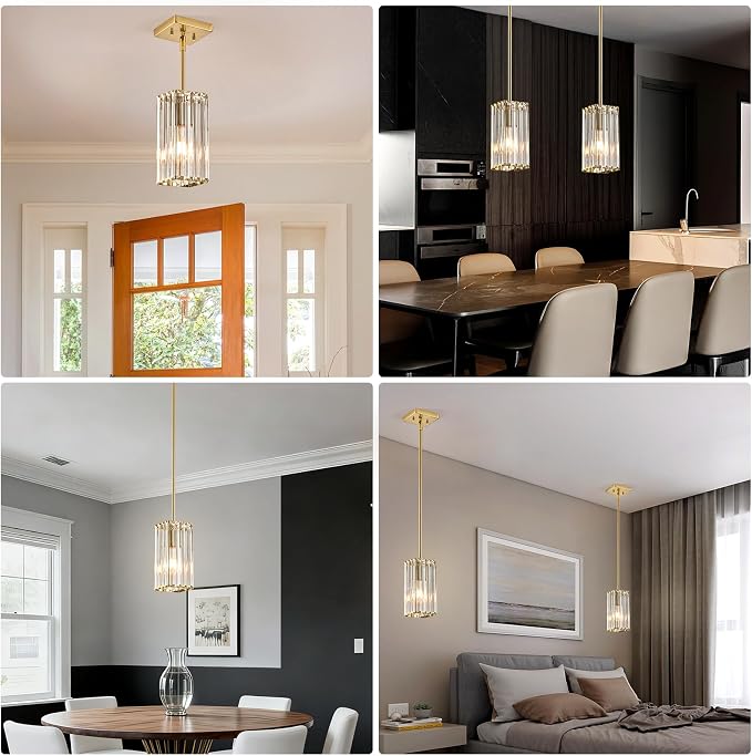Modern Crystal Pendant Lights Kitchen Island, 2-Pack Brushed Gold Hanging Light with Clear Crystal Shade, Adjustable Height Pendant Lighting for Kitchen Island Dining Room Bedroom Bar Entryway