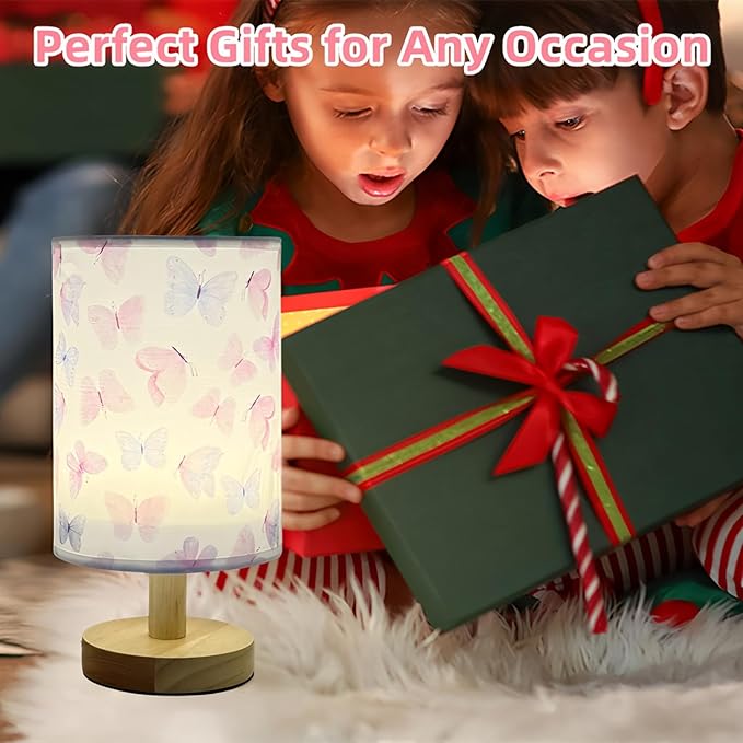 Butterfly Kids Table Lamp for Bedroom Kids Bedside Lamps 3 Colors Dimmable Nightstand Night Light with Cartoon Flaxen Fabric Shade Desk Lamp for Girls Boys Room Nursery Decor,Butterfly Gifts for Girls