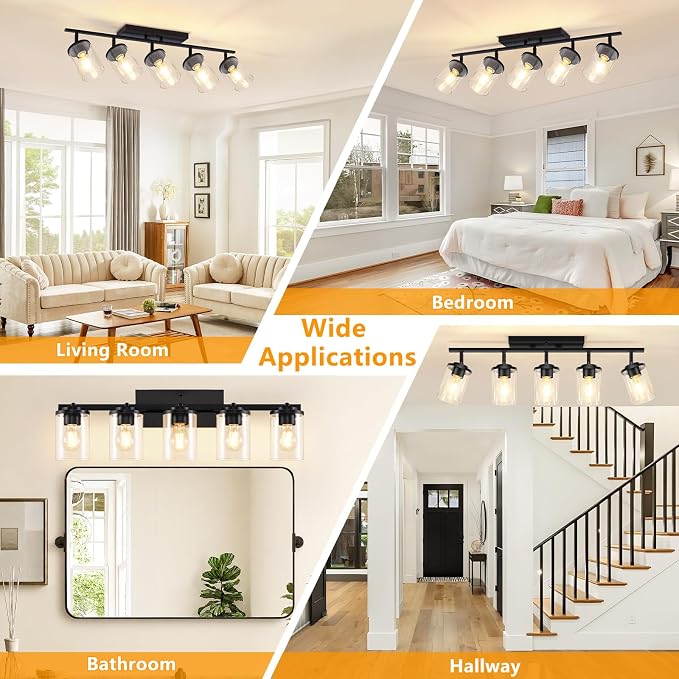 FadimiKoo 5-Lights Black Semi Flush Mount Ceiling Light Fixtures, Modern Clear Glass Shade Farmhouse Kitchen Ceiling Lamp, Adjustable Rotatable Vanity Light Fixture for Hallway Entryway Dining Room