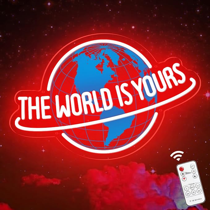The World Is Yours Neon Sign, Dimmable Planet LED Neon Light Lamp for Wall Decor, USB Power for Man Cave Home Bar Bistro Club Cafe Wedding Game Room Bedroom Birthday Gift Graduation Party (Red)