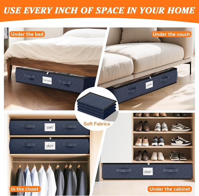 90L Under Bed Storage Containers, Storage Bags, Organizers, 4-Pack, Blue | Foldable, Soft Fabric, Closet Organizers, Reinforced Handle, Label Holder, Clear Window, for Comforters, Clothing, Blankets