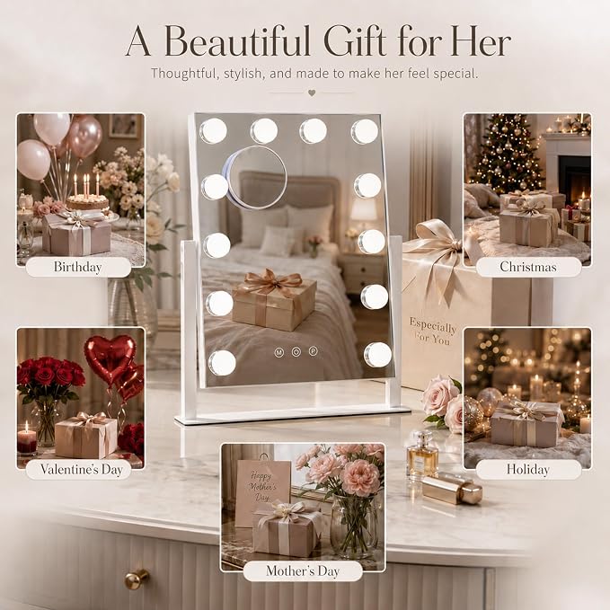 Vanity Mirror with Lights, Dimmable Desk Mirror, 12 Bulbs, 16.4'' x 13.1'' | 3 colors Lighted Makeup Mirror, Touch Control, Detachable 10X Magnification, 360 Rotation, Gift for Wife, Mom, Girls