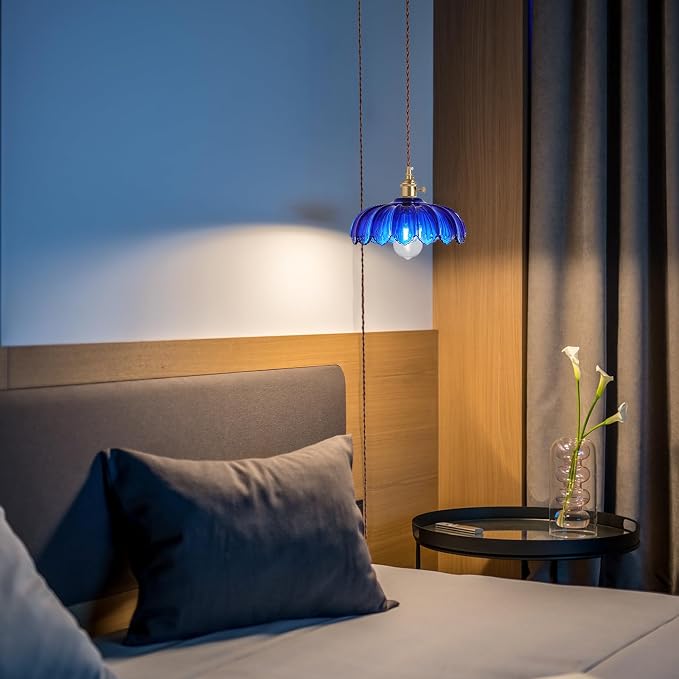 XZHGCEE Pendant Lights Kitchen Island:Vintage Blue Pendant Light Fixtures Glass Small Pendant Light Dining Room, Blue Hanging Lamps for Living Room, Schoolhouse, Entryway, Foyer, E26