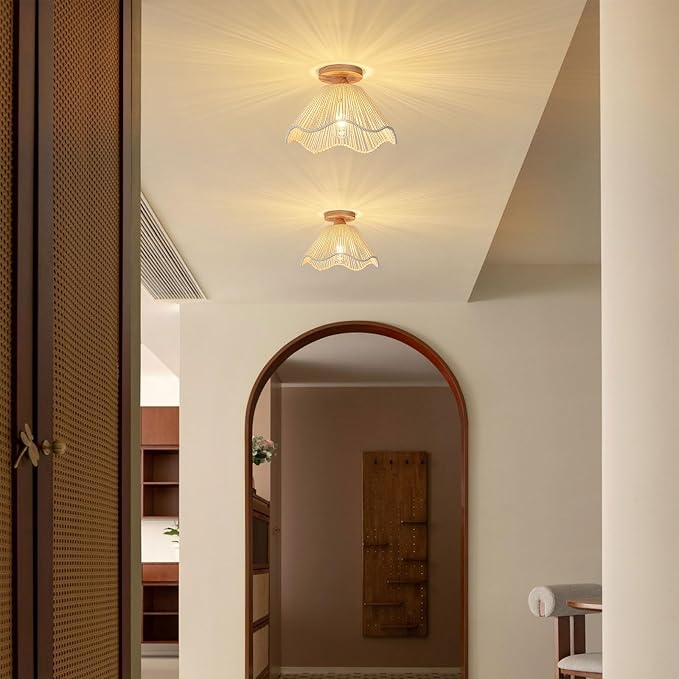 D12.5 Inch Boho Light Fixtures Flush Mount Mini Chandelier Woven Rattan Ceiling Light Fixture for Bedroom Hallway Bathroom Nursery Room