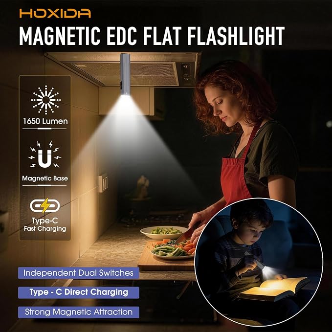 2pack Rechargeable EDC Flashlight - Emergency One Click Strobe Mode, 1600 High Lumens Portable Pocket light Mini Flashlight , Magnetic Small EDC Slim Flat Flashlight for Working Camping Repairing Grey