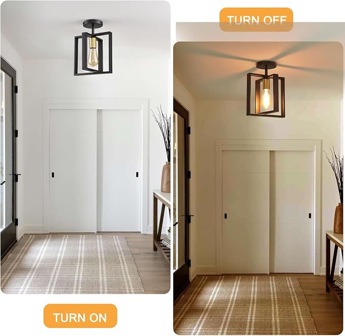2 Pack Semi Flush Mount Ceiling Light,Black Metal Frame Ceiling Light Fixture with Golden Lamp Cup, Farmhouse Light Fixture for Kitchen Island Entryway Porch Foyer