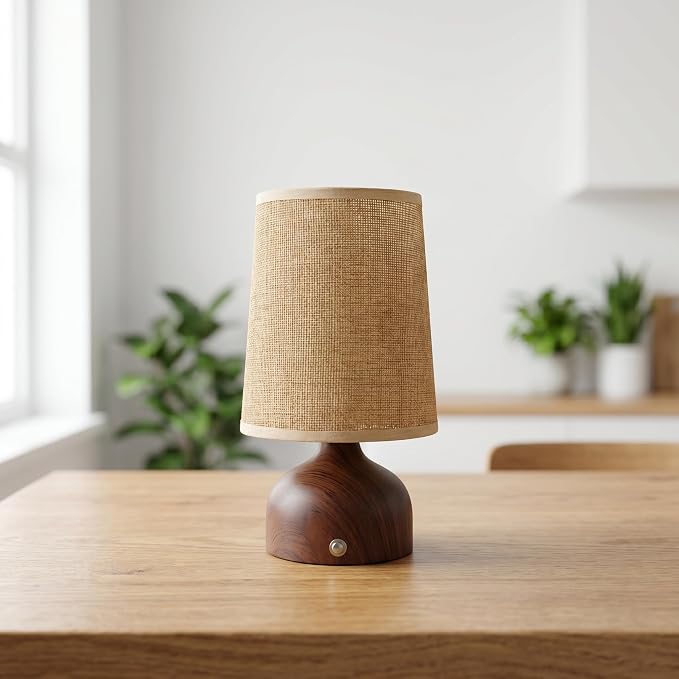 Small Cordless Table Lamp with Fabric Shade, 3 Color Temperature Stepless Dimming Rechargeable Battery Operated Nightstand Lamp, Wood Grain Bedside Lamp for Bedroom Living Room Home Decor