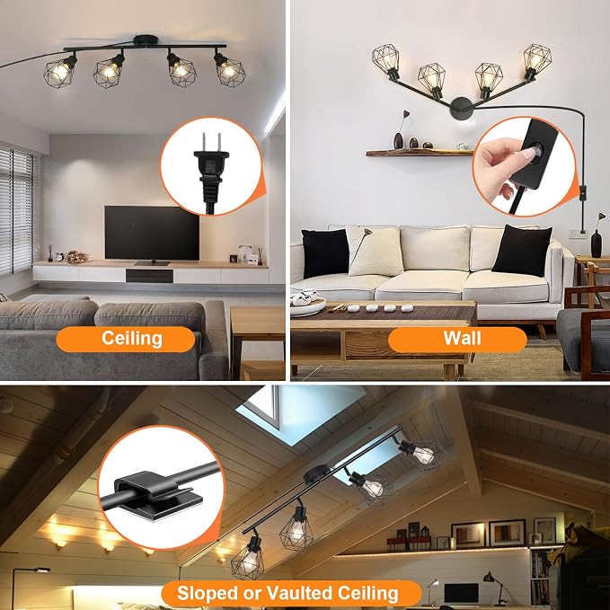 Plug in Track Lighting Kit, 80cm LED 4 Light Kitchen Track Lighting, Corded Wall Light with 16.4ft Cord, 4 Way Ceiling Spot Lighting Flexibly Rotatable Head Not Include Bulb (4-Black-Cage)