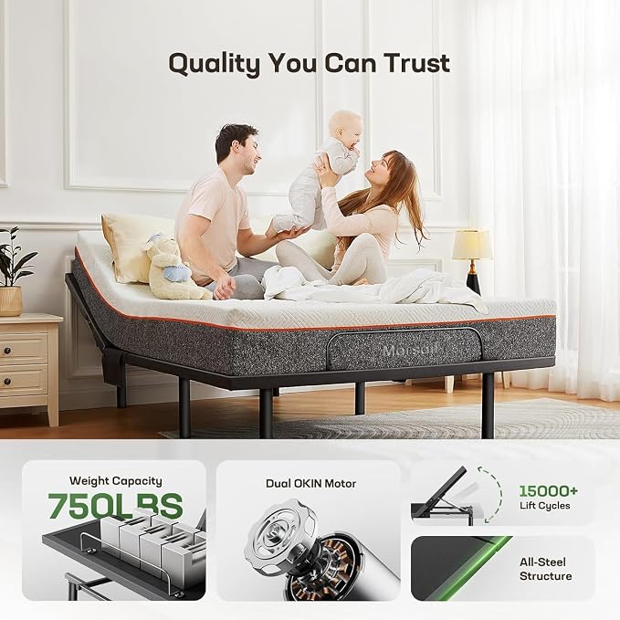 Marsail Queen Adjustable Bed Base with Massage, 4 Ports USB A&C Bed Frame with Under-Bed Nightlight, 3 Minutes Fast Assembly, Wireless Control Adjustable Bed with 4 Height Options