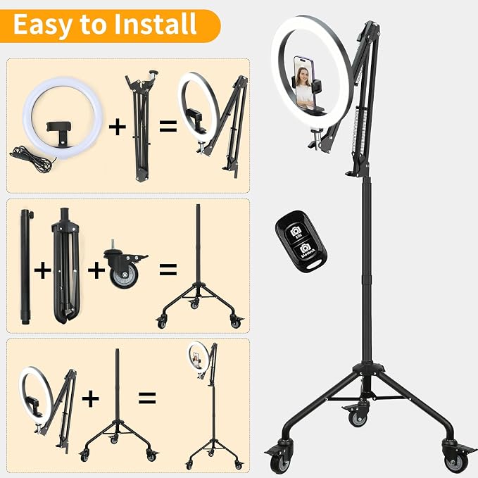 LUXSURE Ring Light Tripod for iPhone,Ring Light with Stand and Phone Holder,LED Overhead Camera Mount with Casters,Phone Tripod with Light and Remote for Video Recor