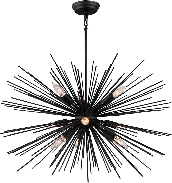 29" Vintage Black Sputnik Chandelier 9-Lights Large Starburst Chandelier with Adjust Rod Rustic Solid Metal Sputnik Satellite Chandeliers for Dining Room, Kitchen, Living Room, Foyer, E12