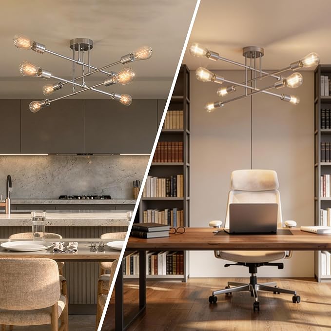 Modern Sputnik Chandelier Ceiling Light Fixtures, 8-Lights Mid Century Industrial Metal Semi Flush Mount for Dining Room, Bedroom, Living Room-Glossy Silver
