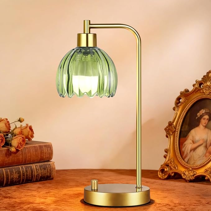 ILLMTW Green Table Lamp Set of 2,Small Glass Bedside Lamps Dimmable Boho Bedroom Lamp with Tulip Flower Lamp Shade,Gold Vintage Mid Century Modern Mini Nightstand Lamp for Bedroom Living Room