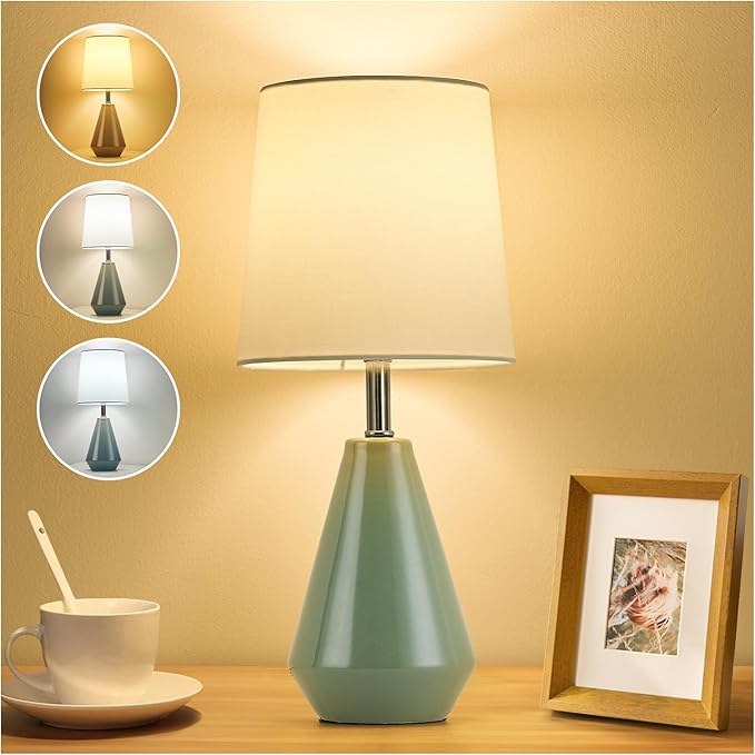 Small Bedside Table Lamp for Bedroom - Reading Desk Lamp with 3 Color Temperatures,15.5" Nightstand Ceramic Lamp with Fabric Shade for Kids Room,Living Room,Dorm,Home Office (Green+White)