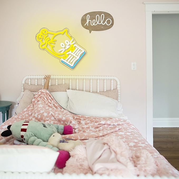 Cat Reading Book Neon Sign Reading Cat Neon Lights for Wall Decor Adorable Cat Neon Signs Dimmable Read Book LED Neon Sign for Classroom Library Children Studying Room Bedroom Decoration