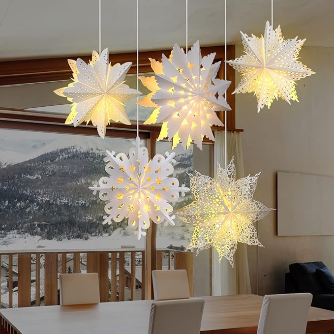 Mudder 5 Pieces Large Christmas Snowflake Paper Lantern with 7 Light 23.6/17.7 Inch Star Paper 3D Hanging Lantern Lamp Party Decoration for Weddings Holiday Xmas Trees(Fresh Style,White)