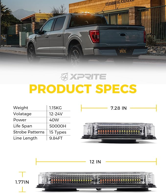 Xprite 300% Bright 108 LED Roof Top Strobe Light, US Flag Pattern Emergency Safety Warning Mini LED Strobe Lightbar w/Magnetic Base for 12-24V Construction Vehicles, Trucks, Snowplows, Amber White