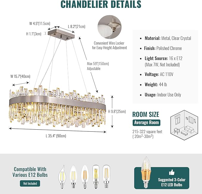Siljoy Modern Crystal Chandelier, Luxury Rectangular 2-Tiers K9 Crystal Raindrop Chandelier, 16-Light Adjustable Hanging Crystal Ceiling Light for Dining Room Living Room Kitchen L35.4''
