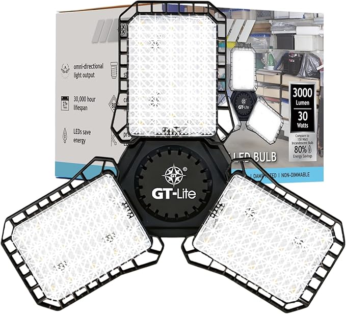 GT-Lite 3000 Lumen LED Garage Light, 300Watt Equivalent, Adjustable 3 Panel Bulb,150 Watt Equivalent, 5000K Daylight, E26