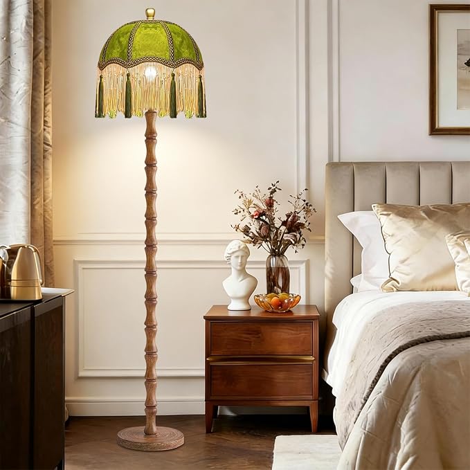 ILLMTW Vintage Floor Lamp for Living Room,Bedroom,Dimmable Standing Lamp with Remote,Green Mid Century Gold Tall Lamp Boho Retro Floor Light Wood Fringe Tassel Flower Unique Tiffany Victorian Decor