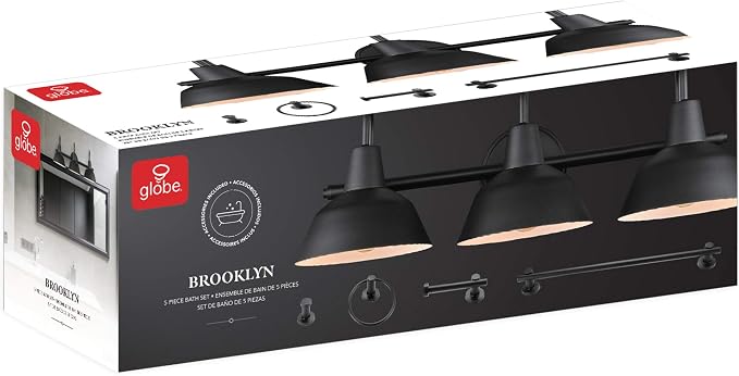 Globe Electric 51710 5-Piece Bathroom Accessory Set with 24-inch 3-Light Vanity Fixture, Matte Black Finish, Industrial Design, E26 Base, Towel Bar, Towel Ring, Robe Hook, Toilet Paper Holder