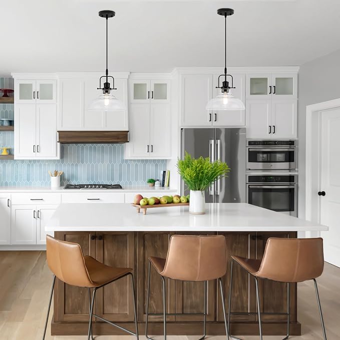 WILON Clear Glass Modern Pendant Light for Kitchen, Black | 11'' Clear Glass Shade, Adjustable Height, E26 Ceramic Socket, 60W MAX, Farmhouse Style for Dining Room Kitchen Over Sink
