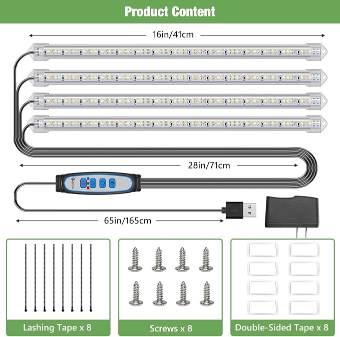 Kullsinss 16in Grow Light Strips, 4-Bar 240 LEDs Full Spectrum Plant Light | Under Cabinet Growing Lamp for Indoor Plants with 6/12/16H Auto Timer, 5 Dimmable Levels, 15W Sunlike Plant Lamp for Seedling