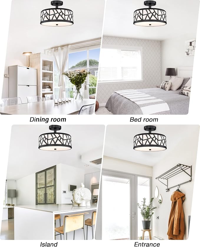Farmhouse Semi Flush Mount Ceiling Light, 2-Light Black Metal Finish Ceiling Light Fixture, 13-Inch Light Fixture with Frosted Glass Shade for Hallway, Bedroom, Kitchen, Dining Room, Entryway
