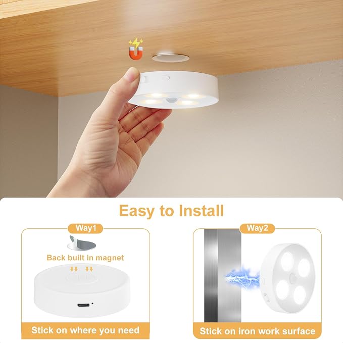Under Cabinet Lighting, 1500mAh Rechargeable Motion Sensor Puck Lights with Remote, 3 Color Temper, Magnetic Stick on Light, Dimmable Under Counter Lights for Kitchen, Shelf, Closet, Stair, 4 Pack
