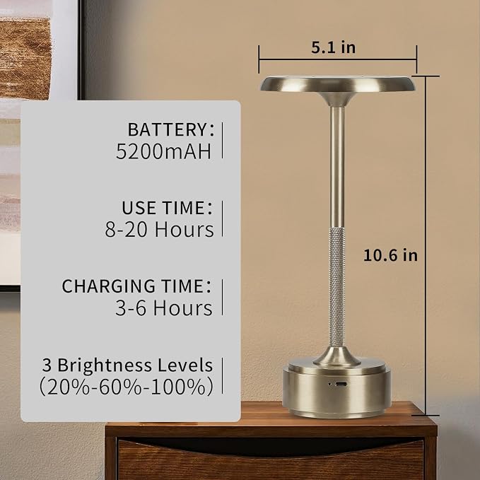 Cordless Rechargeable Modern Metal Table Lamp, Touch Dimming, 3-Color | Sliver, 5200mAh Battery, Portable LED Desk Light, Touch Sensor, Suitable for Night Light/Restaurant/Night Stand/Coffee/Bar