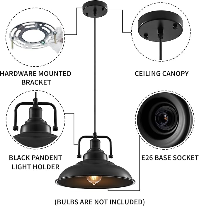 Black Pendant Light 12.5 inches 1 Pack, Farmhouse Pendant Light, Industrial Pendant Lighting, Kitchen Pendant Lights, Pendant Lights Kitchen Island for Dinning Room Entryway Barn
