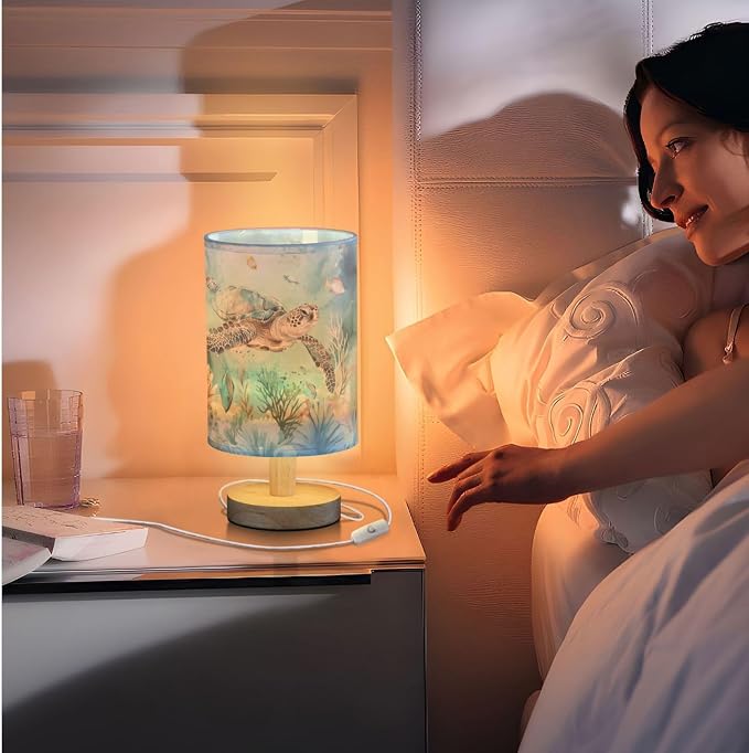 Undersea Turtle Marine Life Fish Coral Table Lamp for Bedroom USB Port Lamps Small Accent Table Lamp Nightstand Lamp Study Linen Shade with Wooden Base Lamps for Bedside Reading|Kids|Dorm|Home