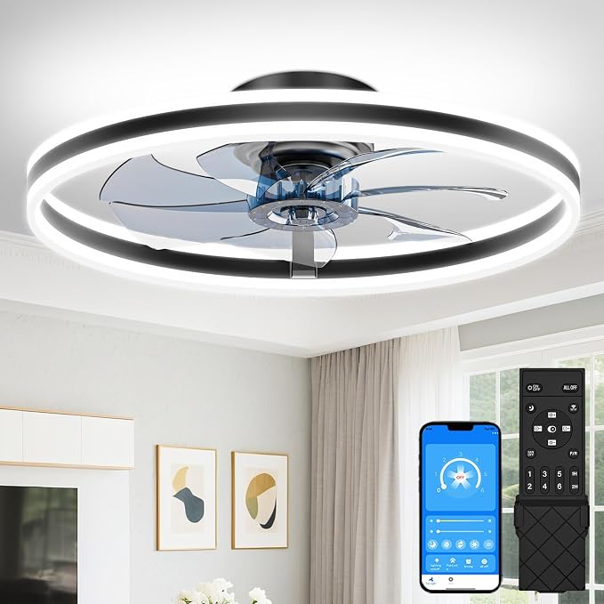 VOLISUN Low Profile Ceiling Fans with Lights and Remote, 24in Flush Mount Ceiling Fans with Light, 3000K-6500K Dimmable Fandelier LED Fan Light, Black Bladeless Ceiling Fans with Lights for Bedroom