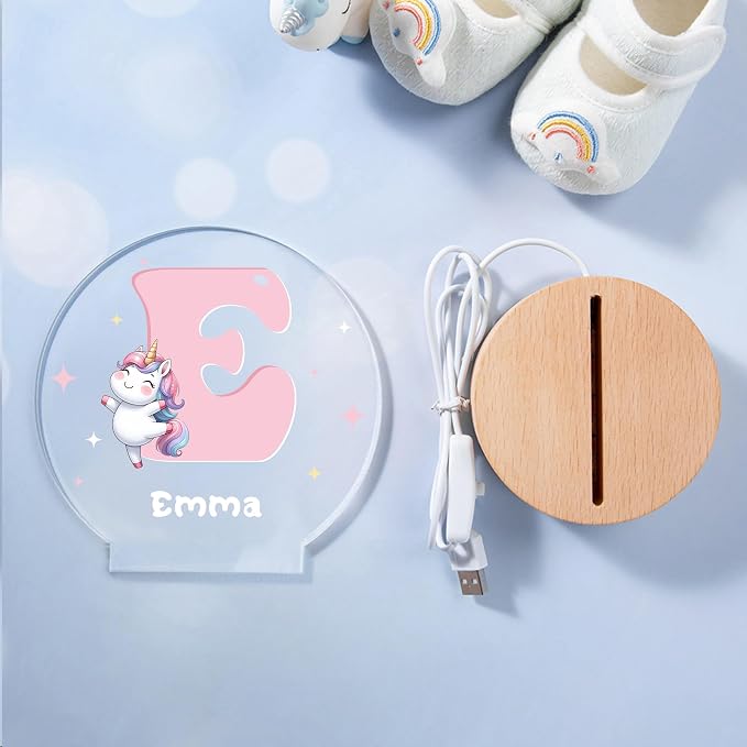 Personalized Cute Cartoon Animals Night Light, Custom Name and Initial Led Light with Wooden Base Nursery Decor Gift for Kids