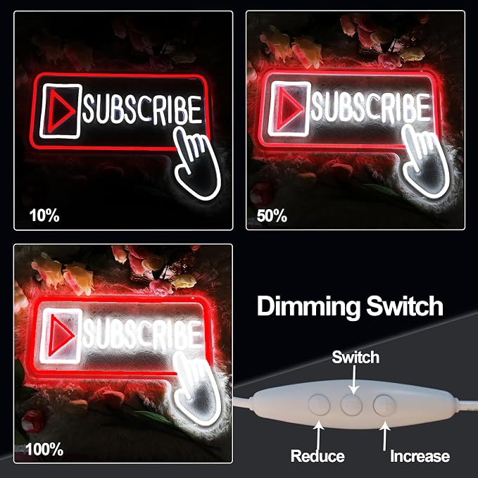 Subscribe Neon Sign, Stylish Play Button & Cursor Wall Light | 30x43cm, Red & White LED, Easy Hanging Kit Included, For Streamers/Gamers, Content Creator Rooms/Home Office Decor