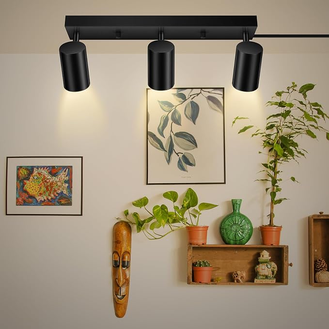LED Track Lighting Ceiling Fixtures, Black 3-Light Plug in Track Lights for Kitchen, 3 Way Ceiling Spotlight, 15 FT Cord,Flexibly Rotatable Wall Mount Light Head for Bedroom Hallway
