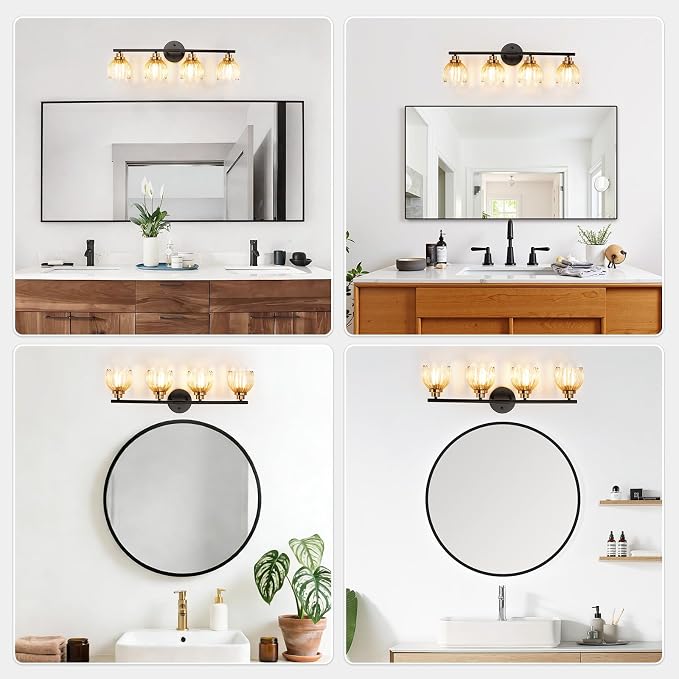 TALOYA Black Gold 4-Light Bathroom Vanity Light with Amber Tulip GlassShade | Modern Vanity Lighting Fixtures, Bathroom Lights Over Mirror, Wall Mount Mirror Light Fixtures for Bathroom Hallway Bedroom