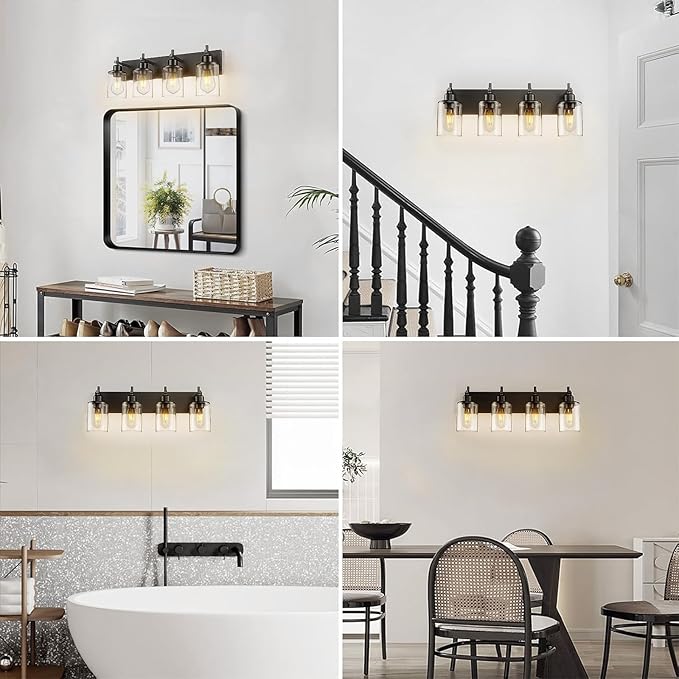 4-Light Black Bathroom Light Fixture Over Mirror Modern Farmhouse Bathroom Vanity Light Vintage Wall Lighting with Clear Glass Shade for Bathroom, Bedroom, Hallway, Cabinet
