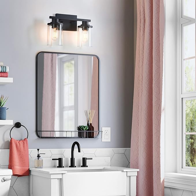 Bathroom Light fixtures, 2 Light Matte Black Bathroom Vanity Light, Vanity Lights with Metal Base and Clear Glass Shade, Wall Sconces Lighting for Bathroom, Mirror, Bedroom, Living Room, Hallway
