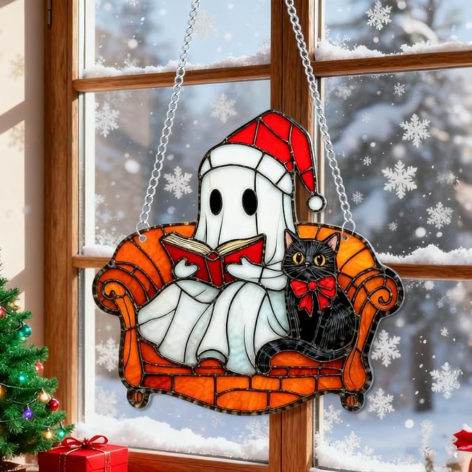 Christmas Tree Decorations Cute Cartoon Ghost & Cat Acrylic Suncatcher Stained Hanging Ornaments Designs DIY Crafts Indoor Outdoor Xmas Ghost Hanging Pendants for Christmas Tree Decor Accessories 1Pc