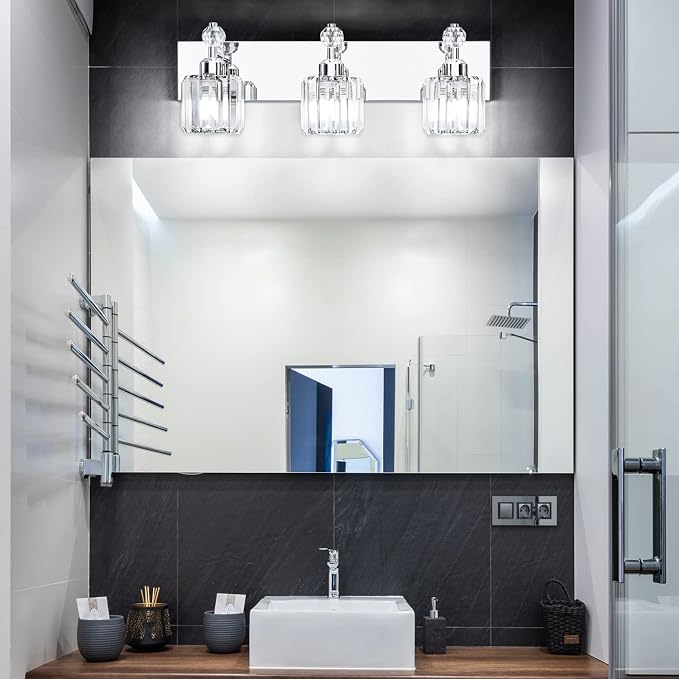 PRESDE 3-Light Crystal Bathroom Vanity Light, Chrom ModernBathroom Lights Fixtures Over Mirror Wall Lamp for Bathroom Bedroom Hallway