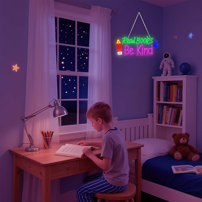 Read Books and Be Kind Neon Sign, Adjustable Pencil Neon Light Student LED Neon Light, Colorful Neon Light Up Sign for Classroom Bookstore Library Study Room 15.35 x 7.09 inch