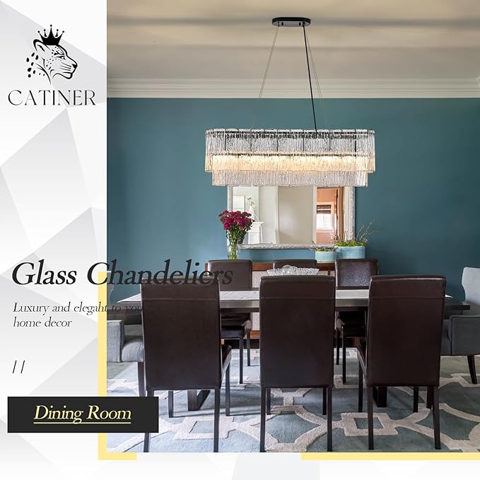 Black Rectangle Chandeliers for Dining Room Modern Crystal Glass Island Light 6-Light Chandelier Luxury Rectangular Linear Hanging Pendant Light Fixture for Kitchen L35.5”