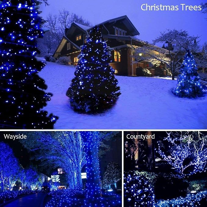 33FT 100 LED Blue Christmas Twinkle String Lights Indoor Outdoor | 8 Modes with Memory, Connectable, IP65 Waterproof, Transparent Wire, Up to 5 Sets, Widely use for Classroom, Bedroom, dorm