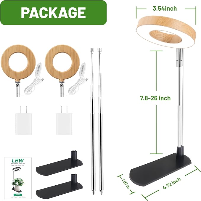 LBW Grow Lights for Indoor Plants, Full Spectrum Halo Grow Light with Base | 48 LEDs Bamboo Grain For Small Plant, Base/Soil Stake, 7.8-26" Adjustable, 6/8/12/16H Timer, 3 Color, 5 Brightness, 2 Packs
