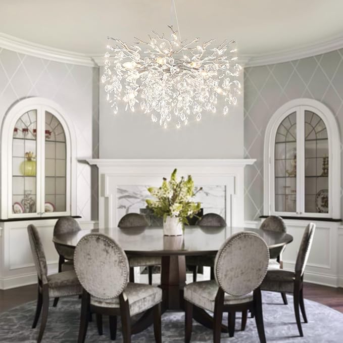 EGM 32-Inch Silver Tree Branch Chandelier for Living Room, Modern Crystal Chandelier for Bedroom, 10-Light Silver Crystal Chandeliers for Dining Room, Raindrop Leaf Chandeliers for Home Décor, E12
