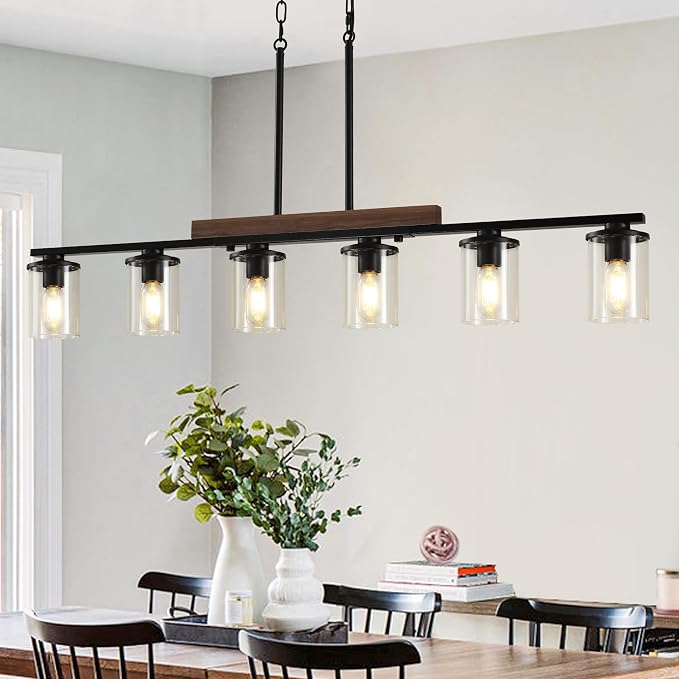 47.2" Farmhouse Dining Room Fixture Over Table, Black Chandelier | 6-Light, Modern Rustic Wood Frame, Adjustable Height, Clear Glass Shade, Ceiling Pendant Lighting for Kitchen Island