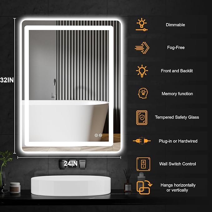 LED Bathroom Vanity Mirror with Lights, 32"x24" Lighted Wall Mirror | Front and Backlit, Anti Fog, Dimmable 3 Color Lighting, Memory Function, Shatterproof Glass, Plug in or Hardwired