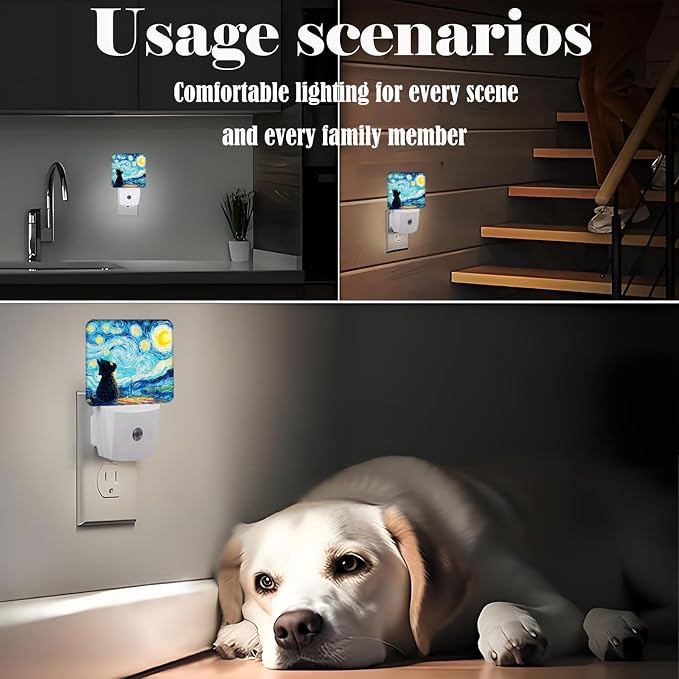 Starry Night Cat Night Light,Plug-in Nightlights Auto Sensor Night Lamp Dusk-to-Dawn Lamp Home Decor for Nursery Children Girls Boys