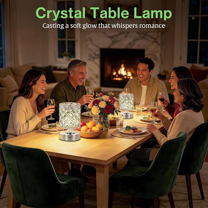Green Small Crystal Rechargeable Cordless Table Lamps Set of 2 | 6000mAh Battery, 3 Color Temps, Stepless Dimming, Touch Control, Portable Wireless Night Light for Bar Bedroom Living Room